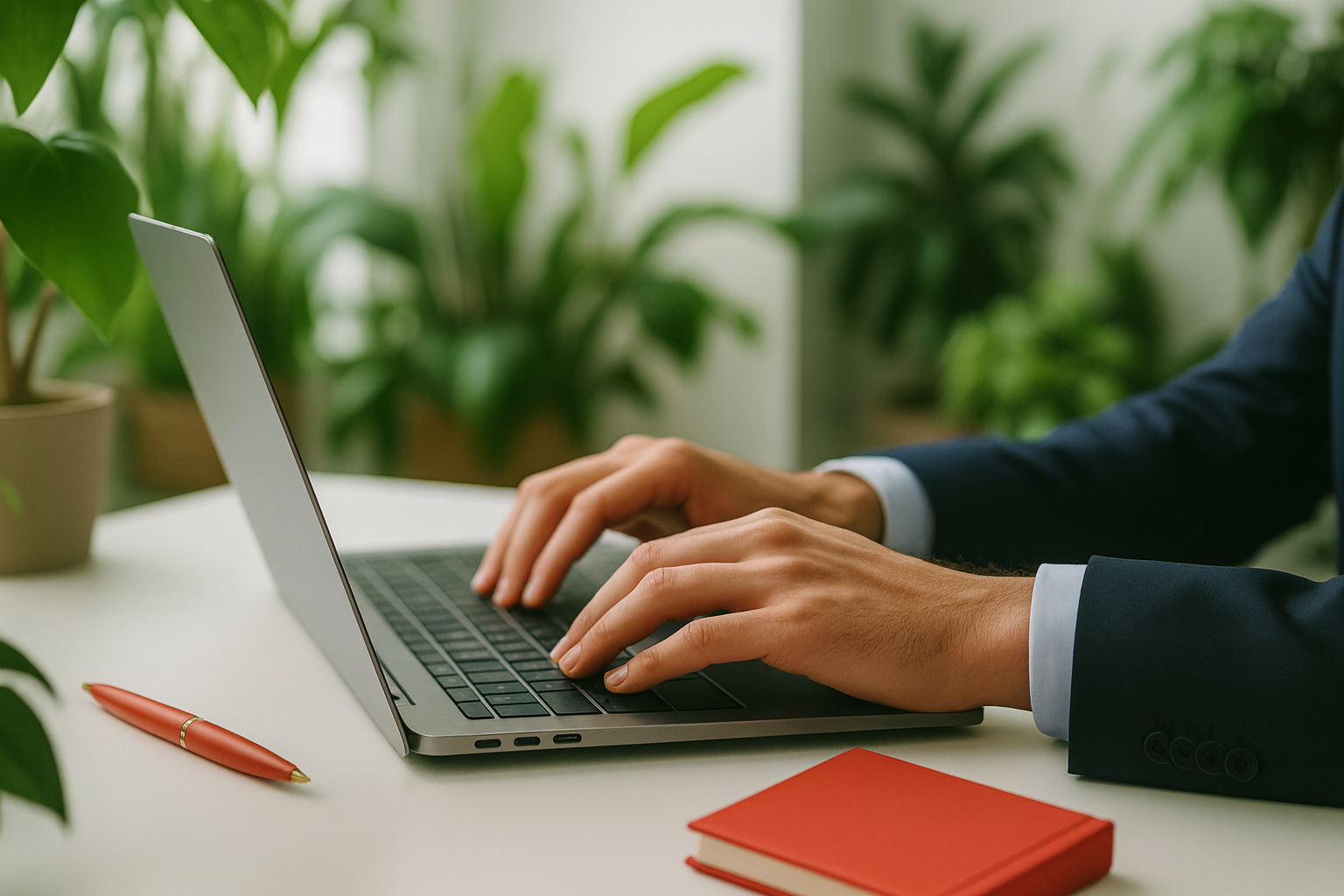 Professional office desk setup with hands typing on a silver laptop computer, lush green plants in the background, clean white desk surface, red pen and red notebook as accent pieces, natural lighting, business professional atmosphere, shallow depth of field, modern workspace design