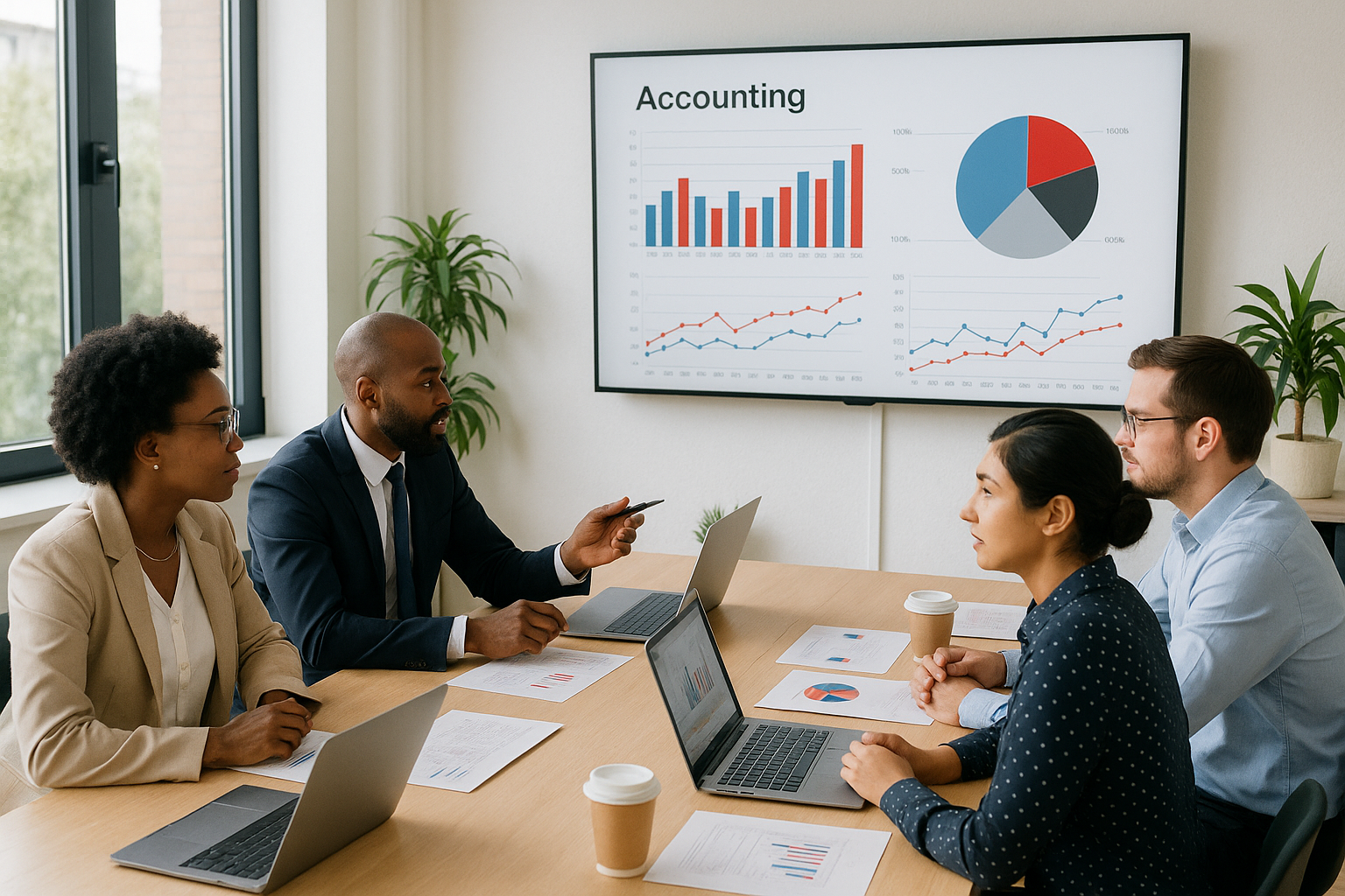 Accounting team meeting in bright conference room, diverse professionals discussing financial charts on wall display, laptops and documents on table, natural lighting through large windows, plants, subtle red accents in presentation materials, collaborative professional atmosphere
