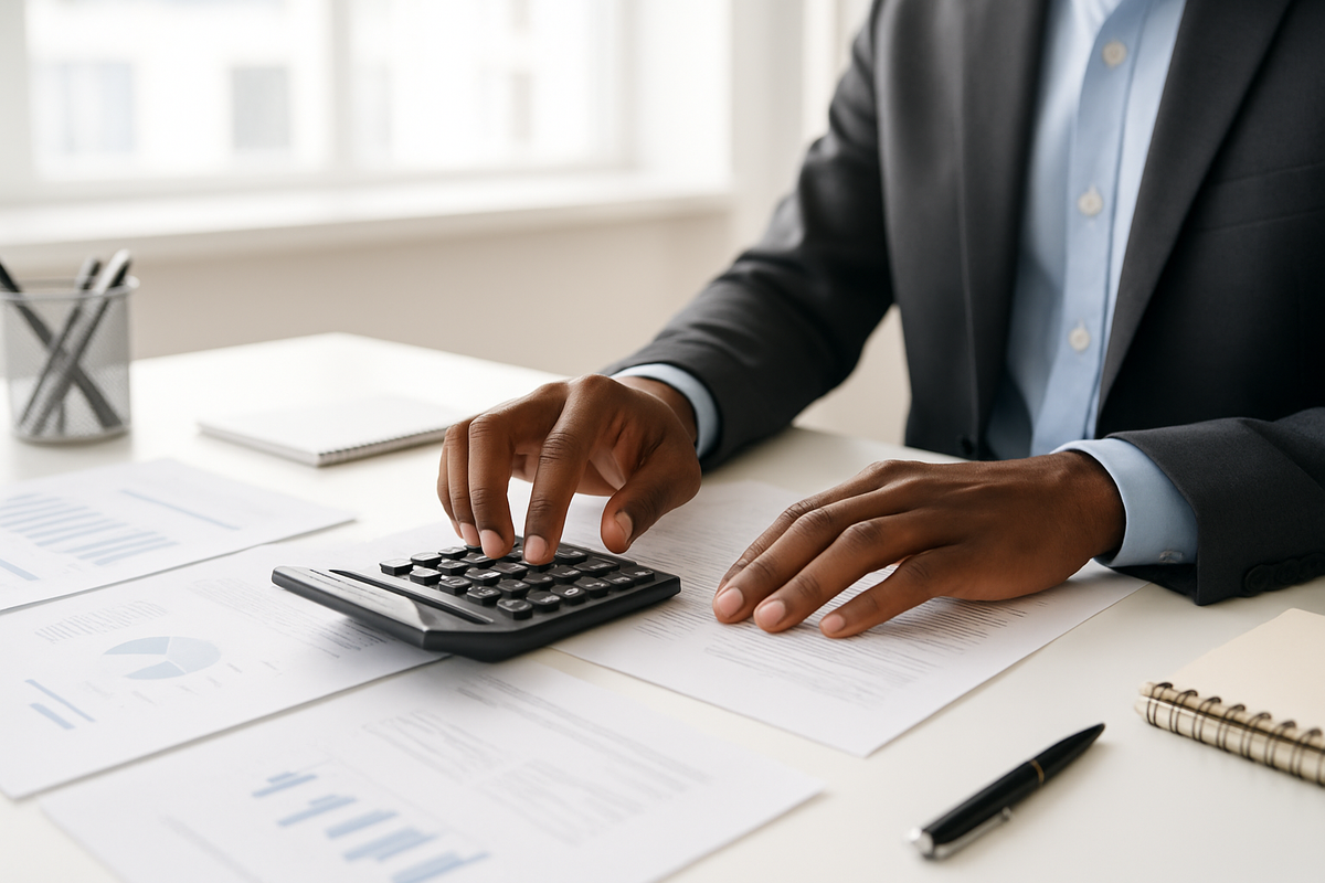 black man hands working at desk with calculator in light office