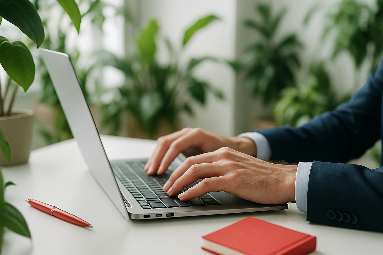 Professional photograph of a man's hands typing on a modern laptop computer keyboard, surrounded by lush green plants and foliage, soft natural lighting with a clean minimalist aesthetic, subtle red accent elements like a red pen or small red book nearby, bright and airy atmosphere, shallow depth of field, contemporary workspace design